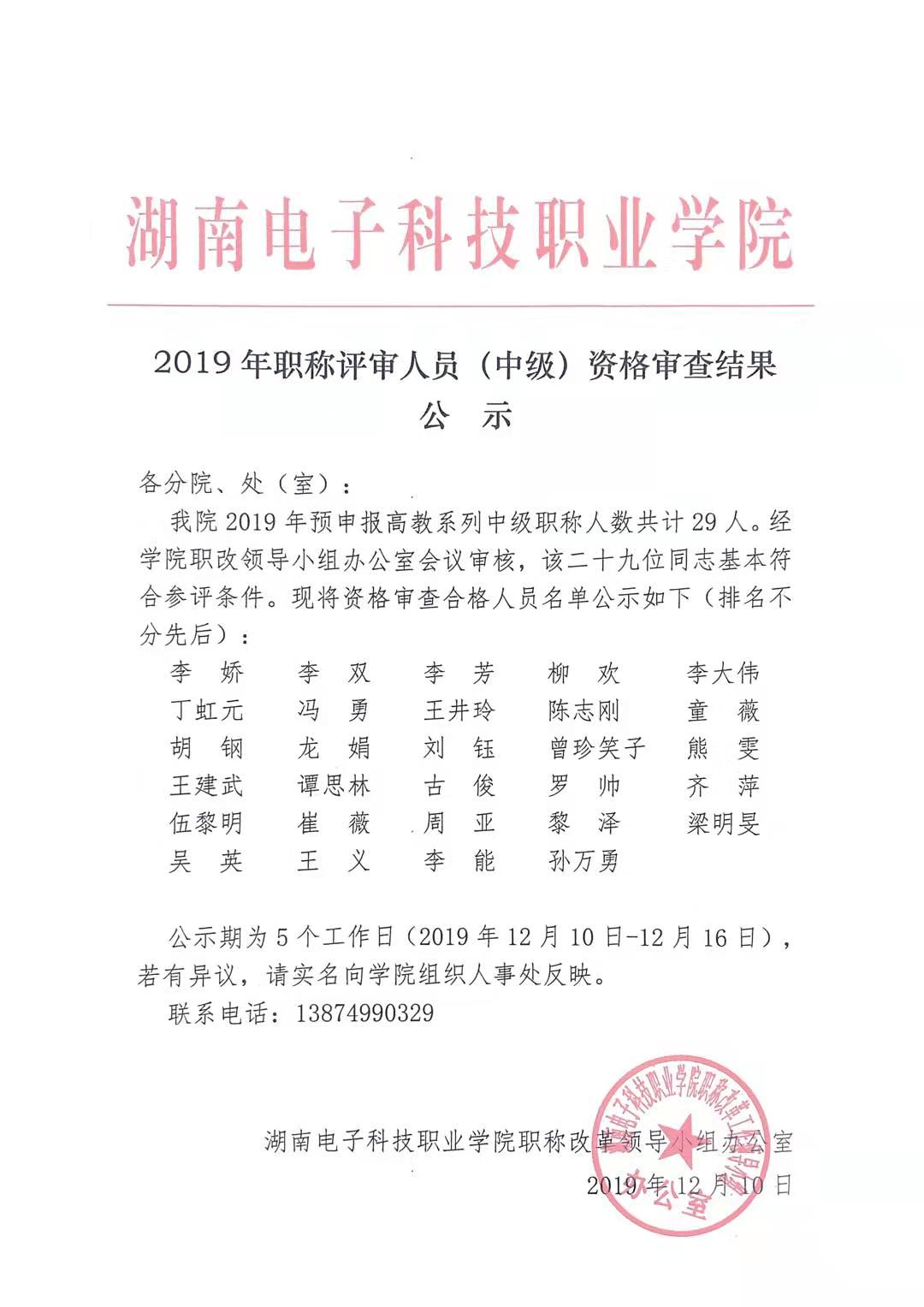 湖南电子科技职业学院2019年职称评审人员（中级）资格审查结果公示